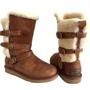 UGG Becket Mid Calf Boots 6 Chestnut Leather Sheepskin Shearling Cabincore Cozy